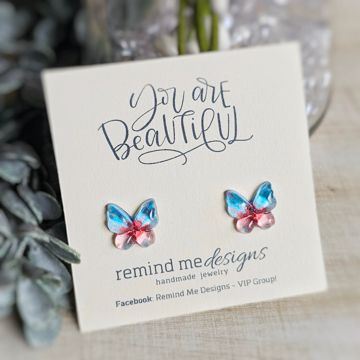 Blue & Red Butterfly Resin Studs