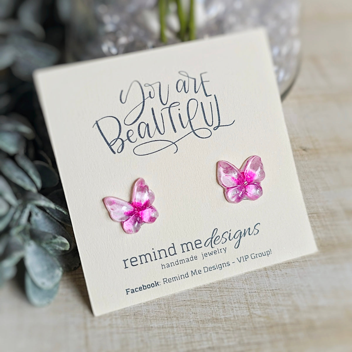 Pink Butterfly Resin Studs