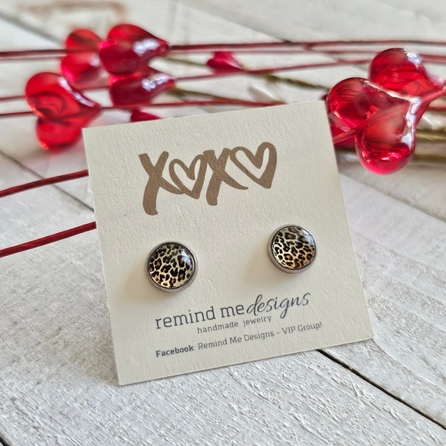 Brown and Black Leopard Print Glass Cabochon Stud Earrings