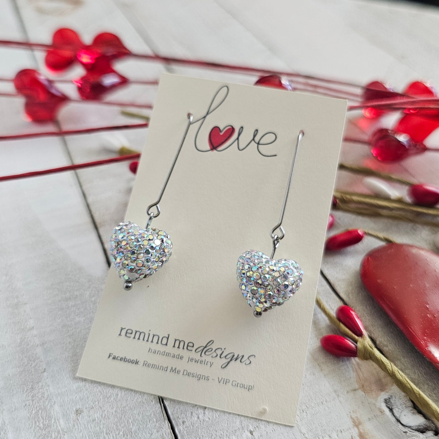 Silver Rhinestone Heart Dangle Earrings