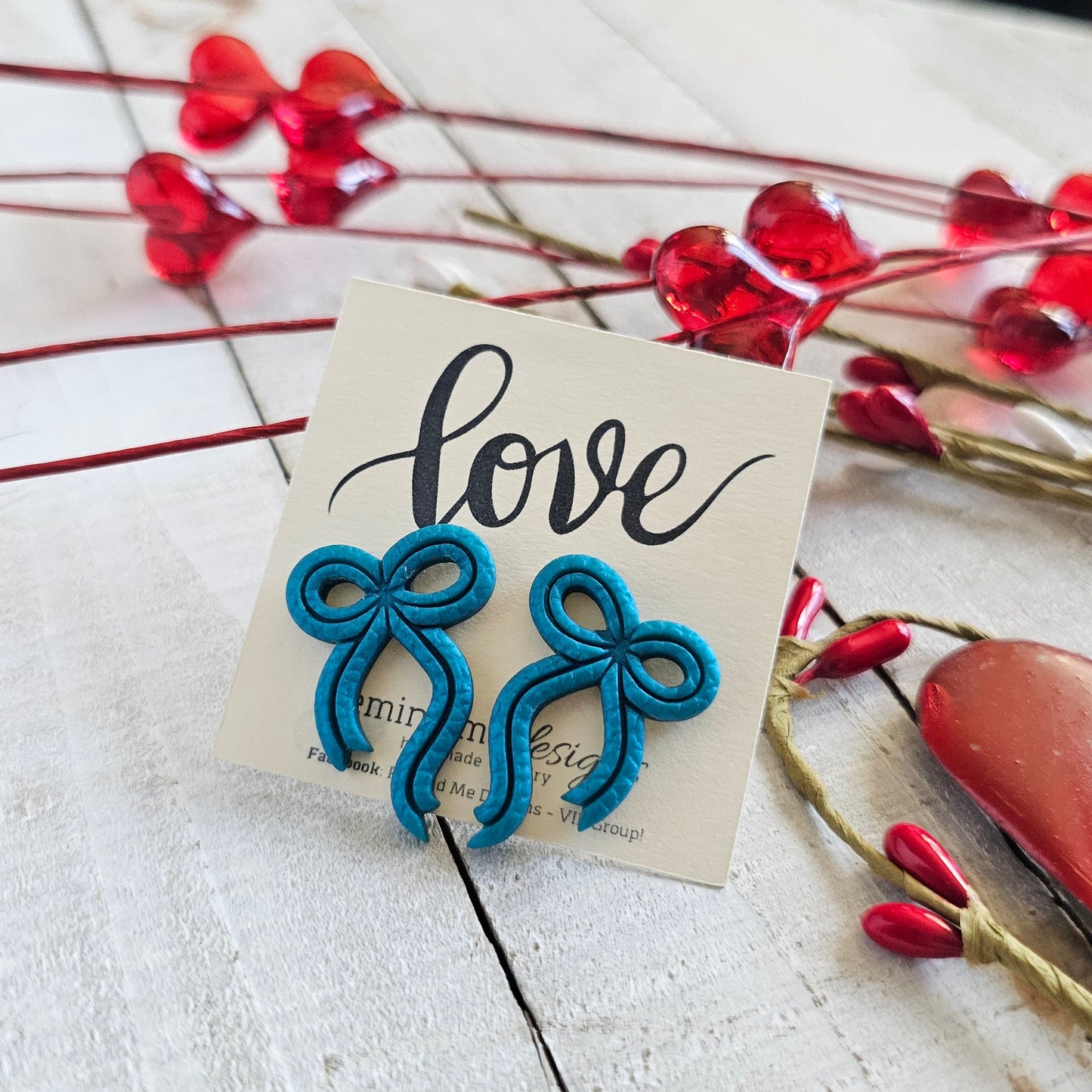 Pearled Teal Polymer Clay Dangle Bow Earrings