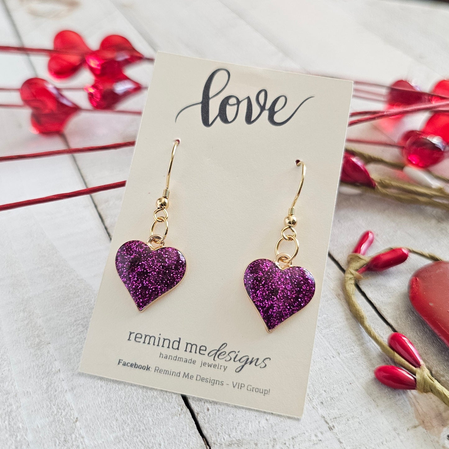 Purple Glitter Heart Charm Dangle Earrings