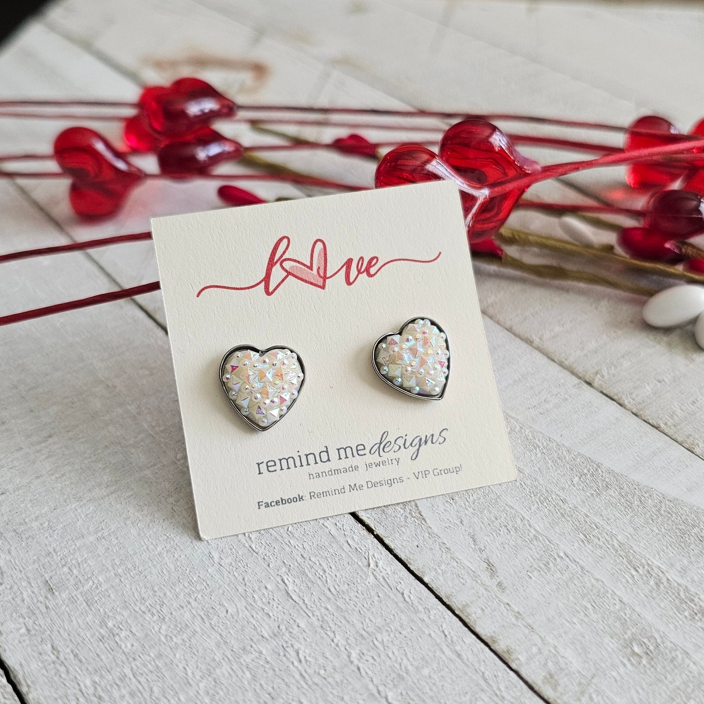 White Iridescent Prism Heart Stud Earrings
