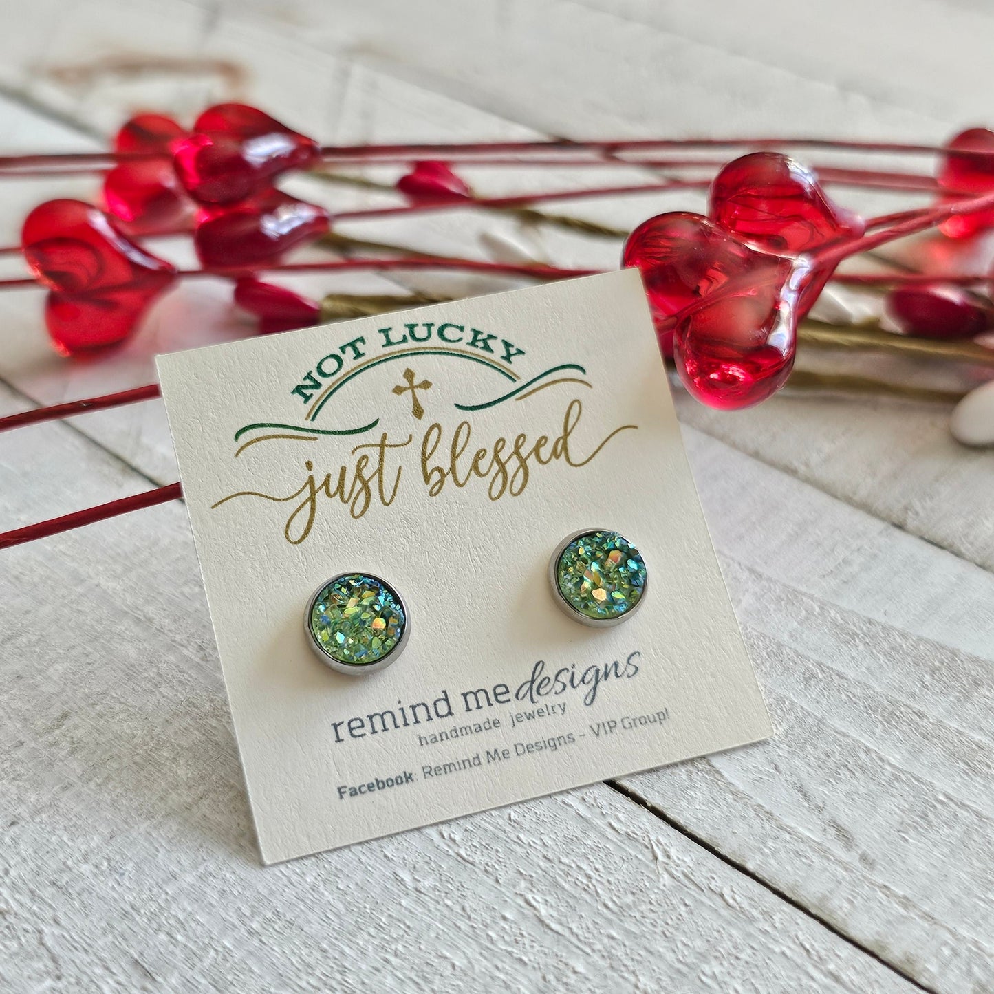 Green Druzy Stud Earrings