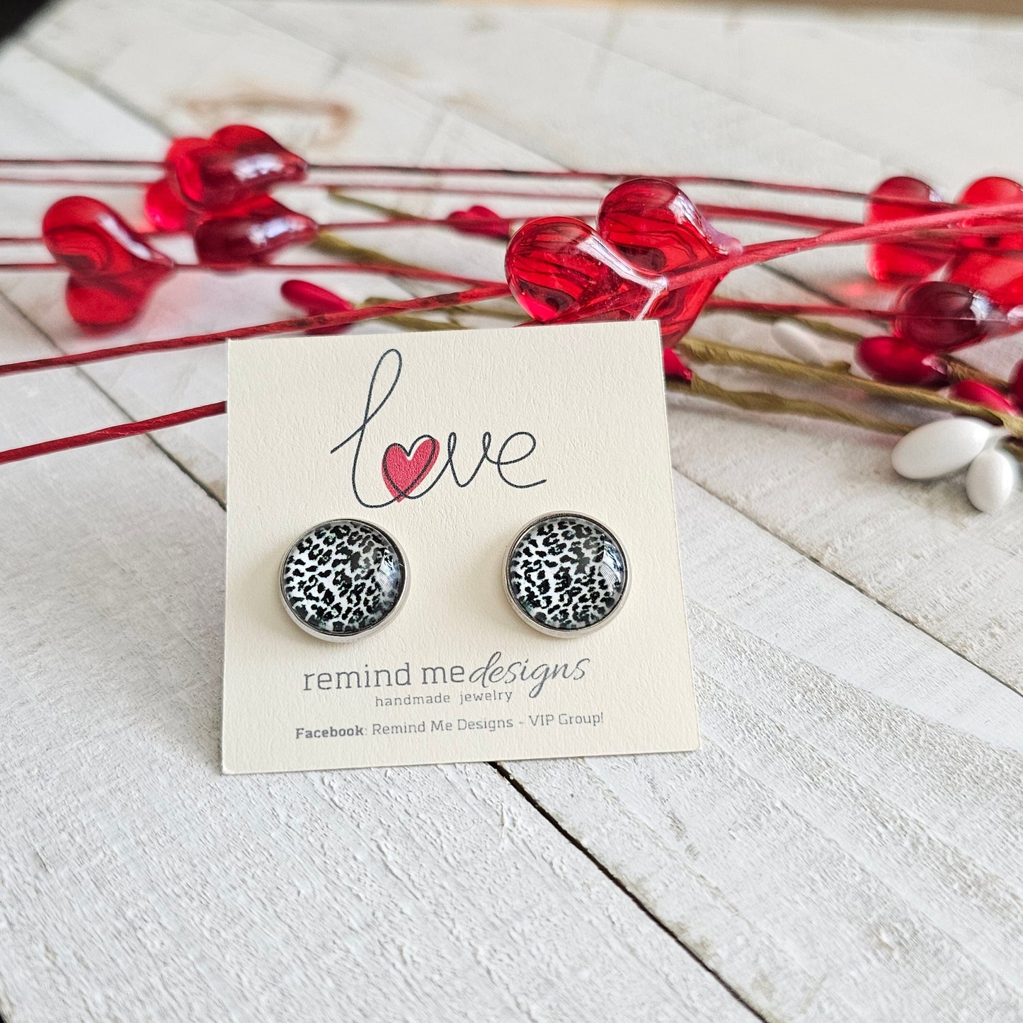 Black and White Leopard Print Glass Cabochon Stud Earrings