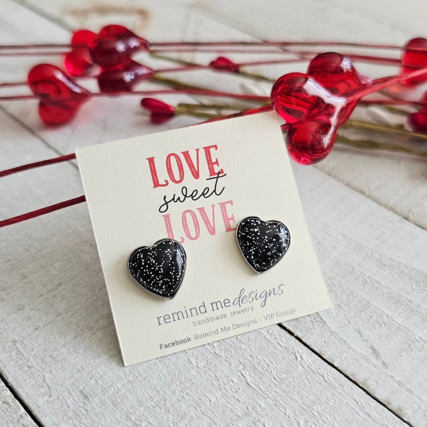 Black Glitter Resin Heart Stud Earrings