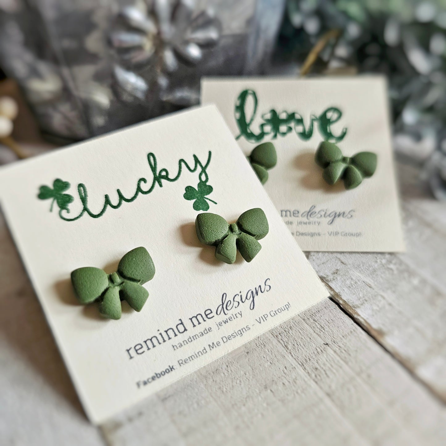Green Bow Clay Stud Earrings