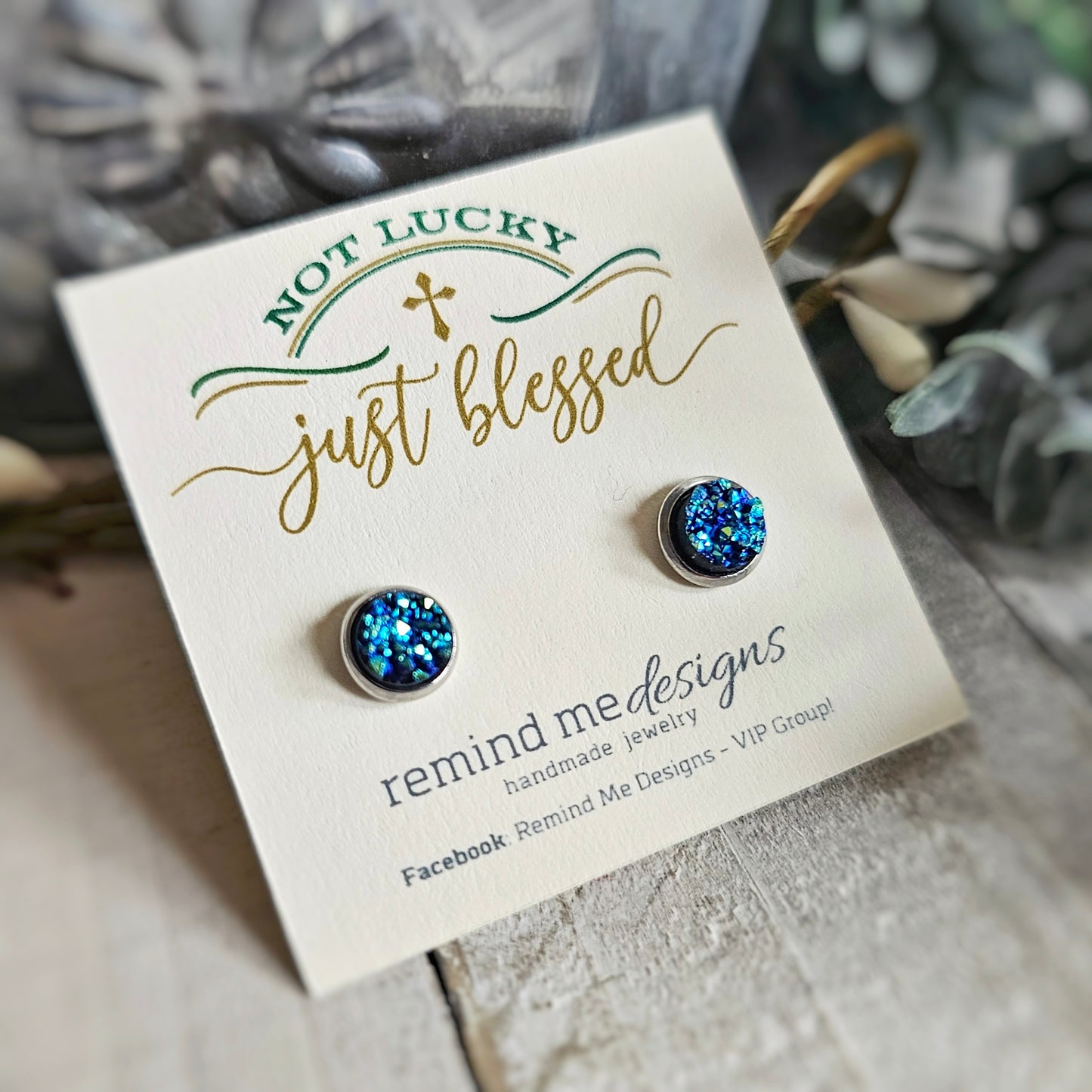 Blue Metallic Druzy Stud Earrings