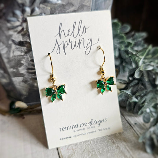 Green Rhinestone Gold Bow Dangle Earrings
