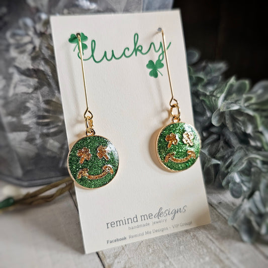 Green Smiley Face Charm Dangle Earrings