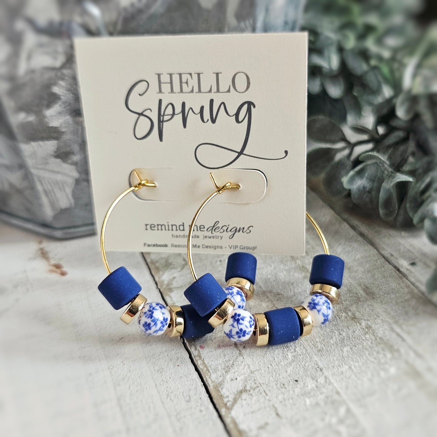 Navy and White Floral Beaded Hoop Earrings