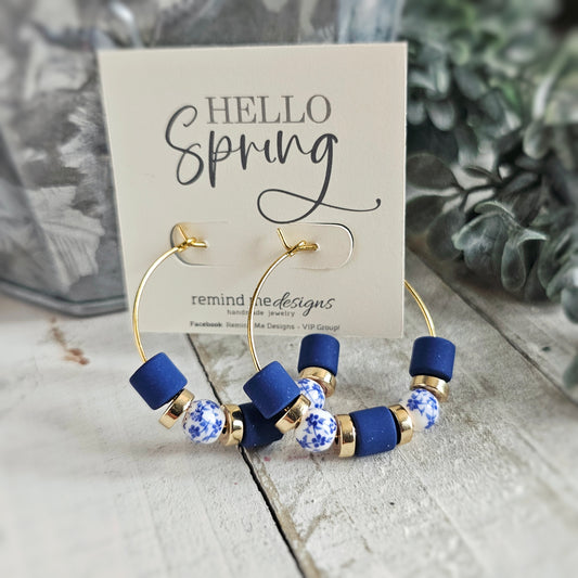 Navy and White Floral Beaded Hoop Earrings
