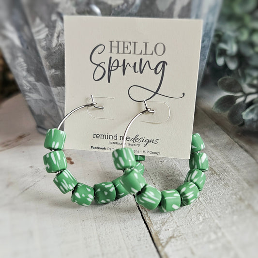 Green and White Clay Beaded Hoop Earrings