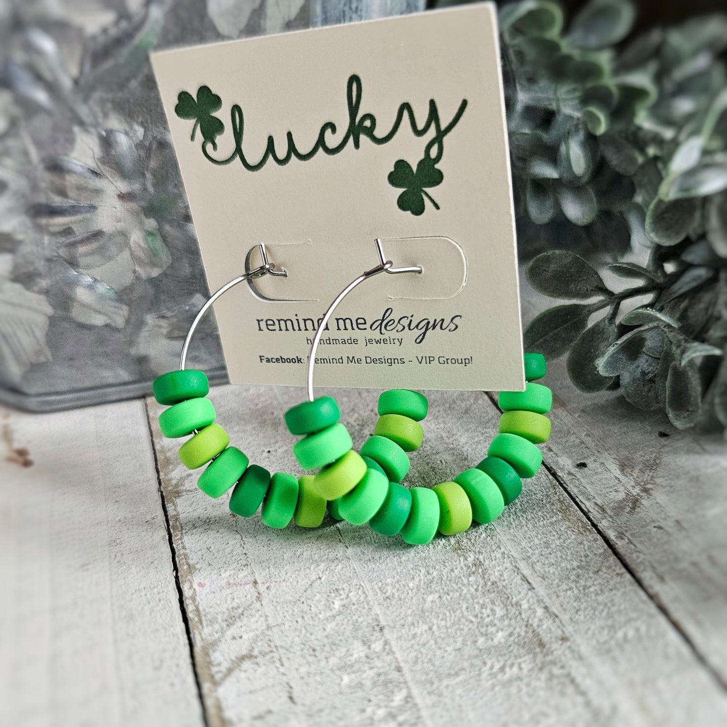 Green Polymer Clay Beaded Hoop Earrings
