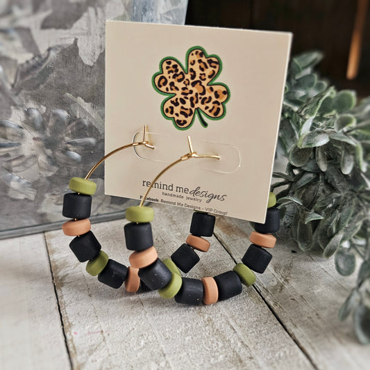 Green Tan Black Beaded Hoop Earrings