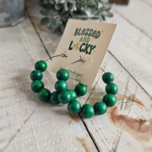 Green Wooden Bead Hoop Earrings