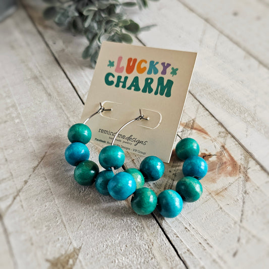 Turquoise Green Wooden Bead Hoop Earrings