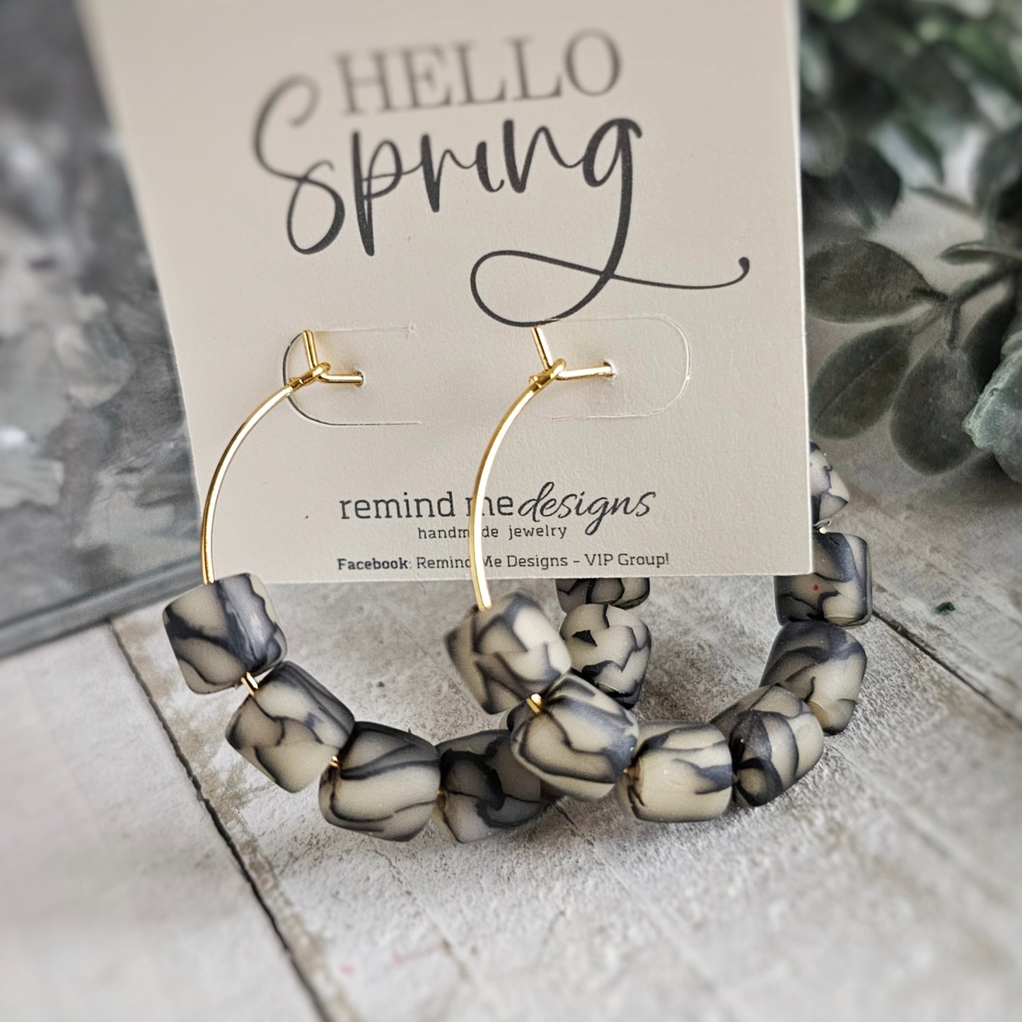 Black and Cream Marble Beaded Hoop Earrings