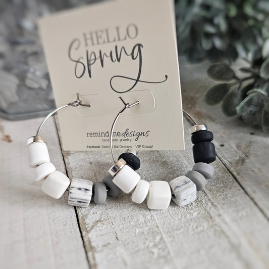 White Black Ombre Beaded Hoop Earrings