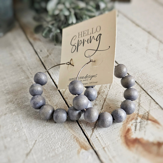 Gray Wooden Bead Hoop Earrings