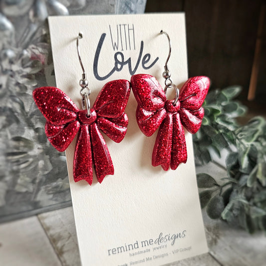 Red Glitter Bow Polymer Clay Dangle Earrings