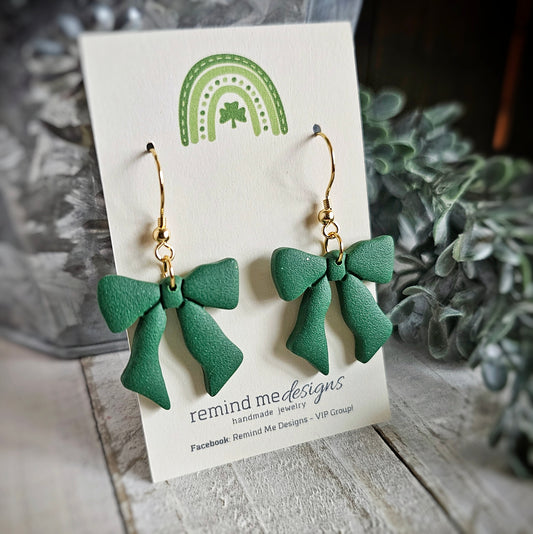 Green Bow Polymer Clay Dangle Earrings