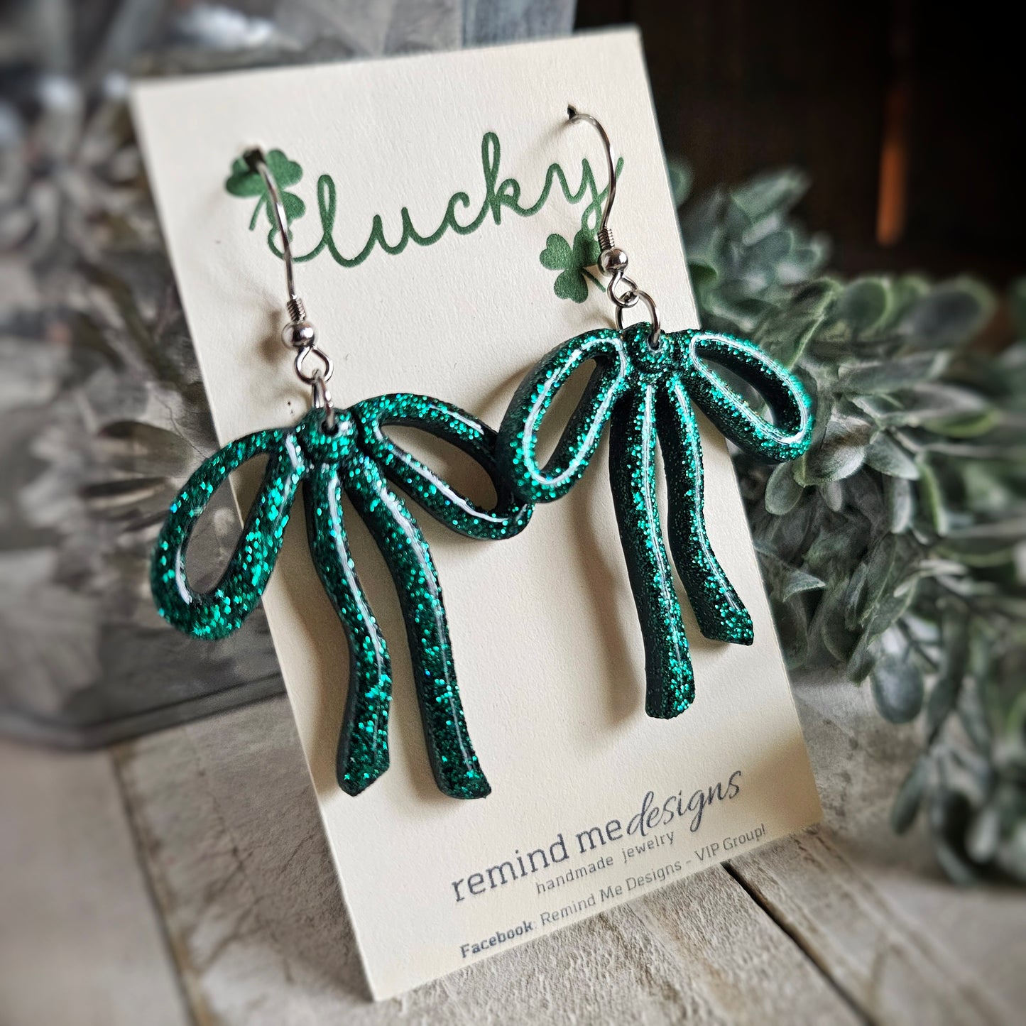 Green Glitter Bow Polymer Clay Dangle Earrings