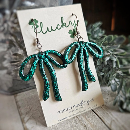 Green Glitter Bow Polymer Clay Dangle Earrings