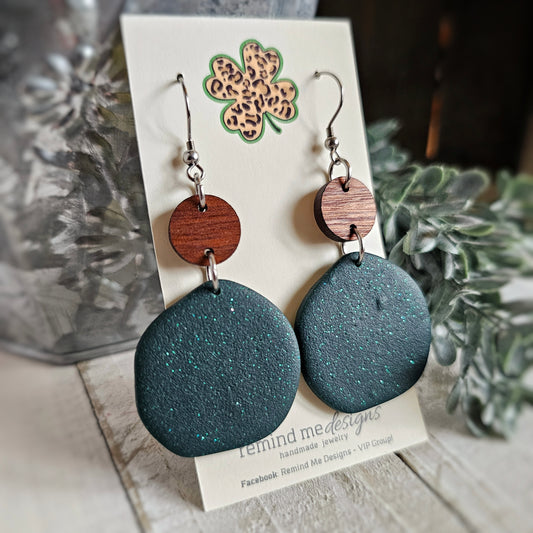 Walnut and Dark Green Polymer Clay Dangle Earrings