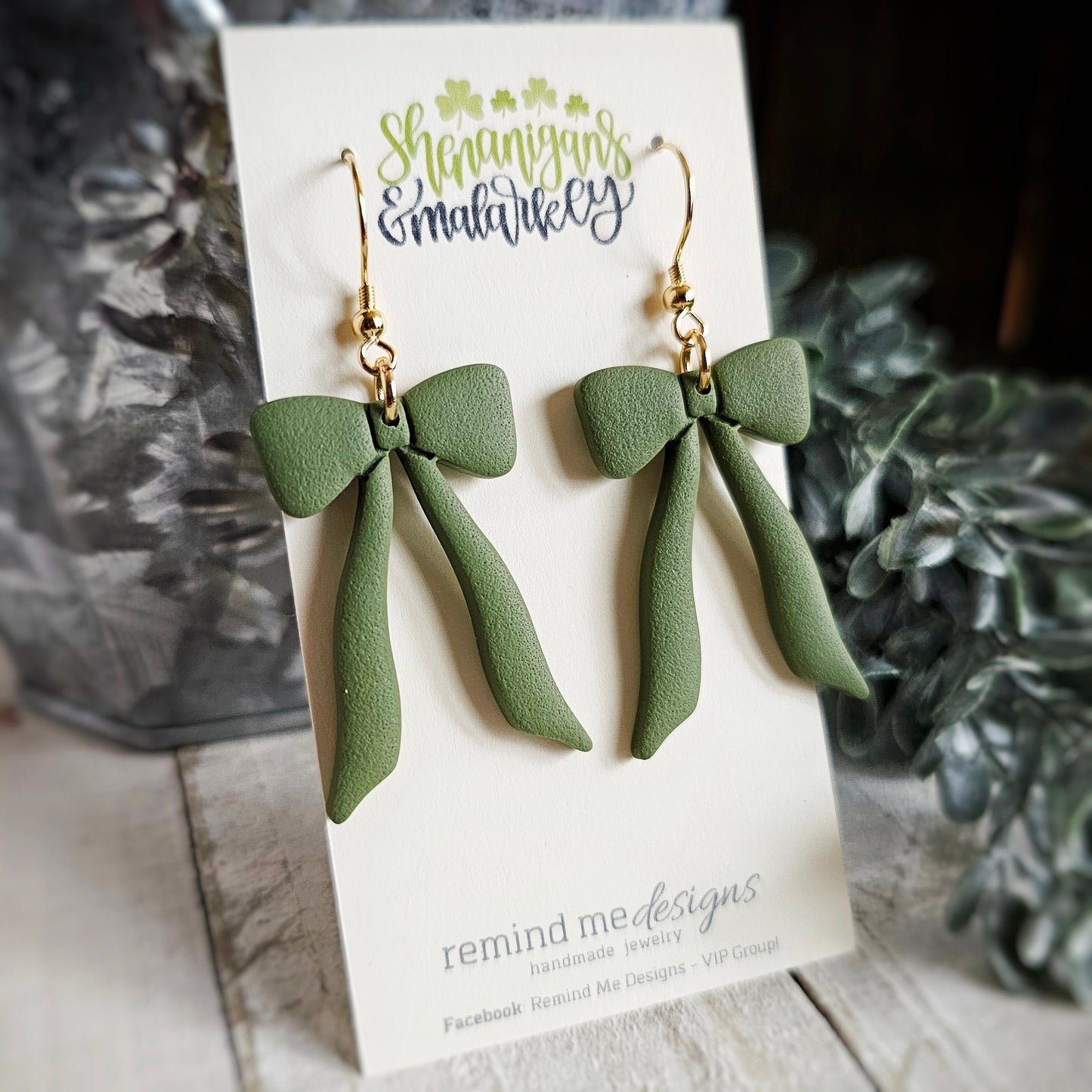 Green Bow Polymer Clay Dangle Earrings