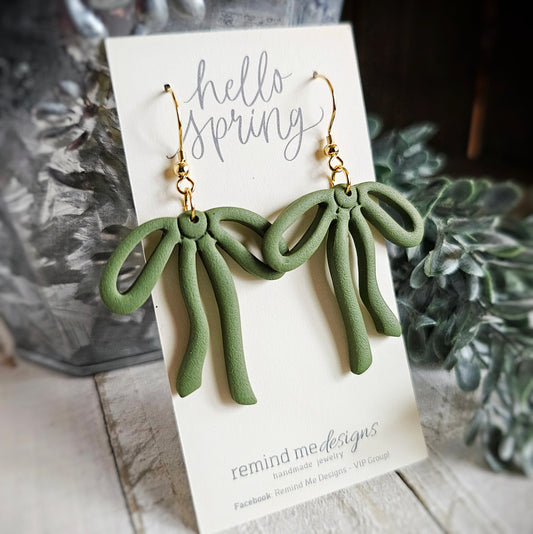 Green Bow Polymer Clay Dangle Earrings