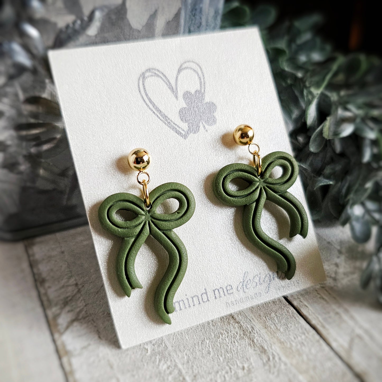 Green Bow Polymer Clay Dangle Earrings