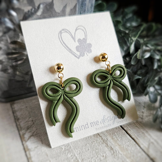 Green Bow Polymer Clay Dangle Earrings