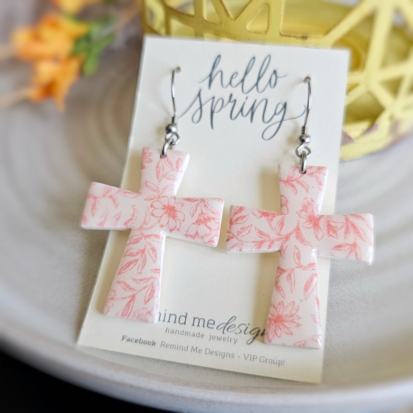 Floral Clay Cross Dangle Earrings