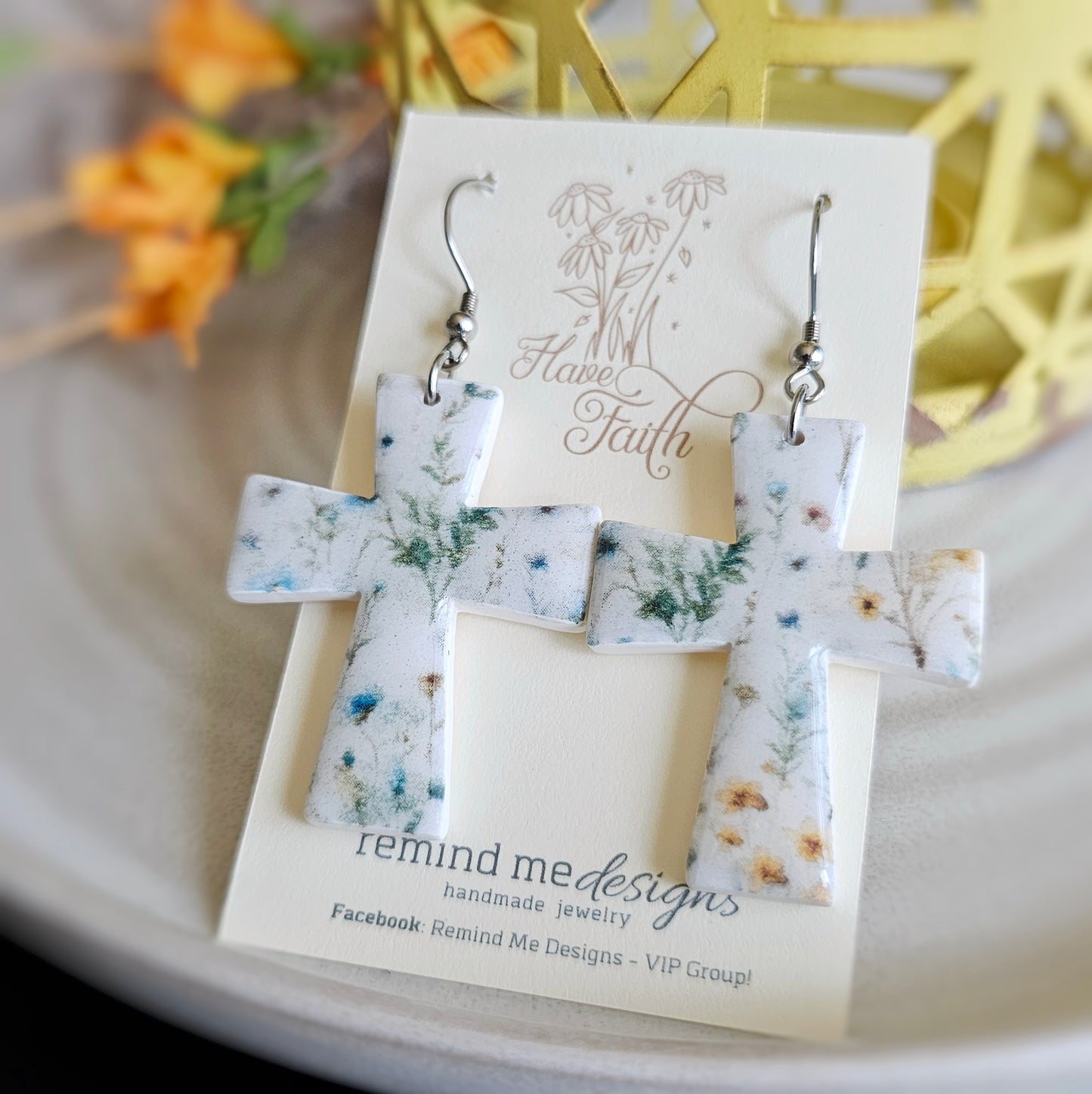 Floral Clay Cross Dangle Earrings