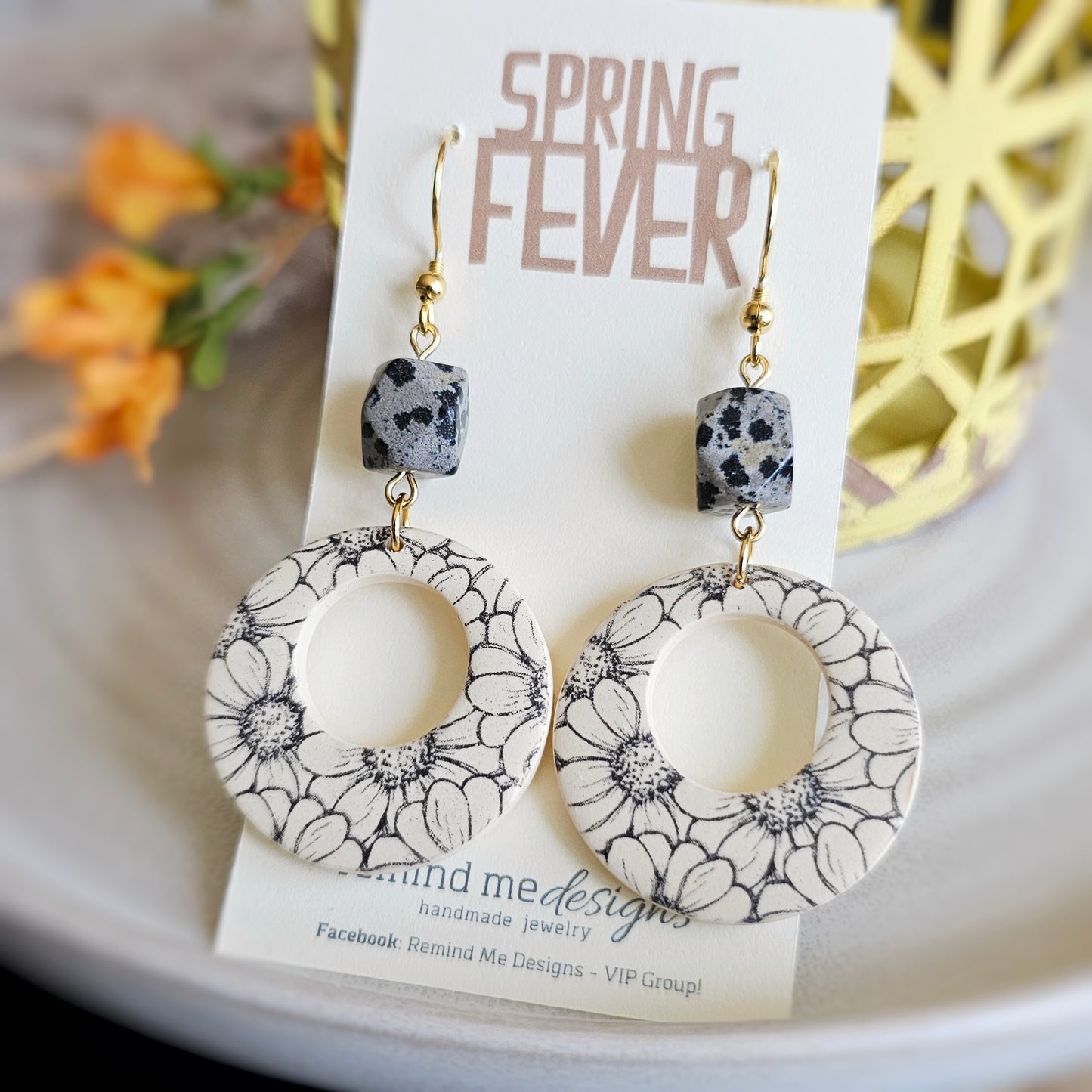 Off-White and Black Floral Polymer Clay Dangle Earrings