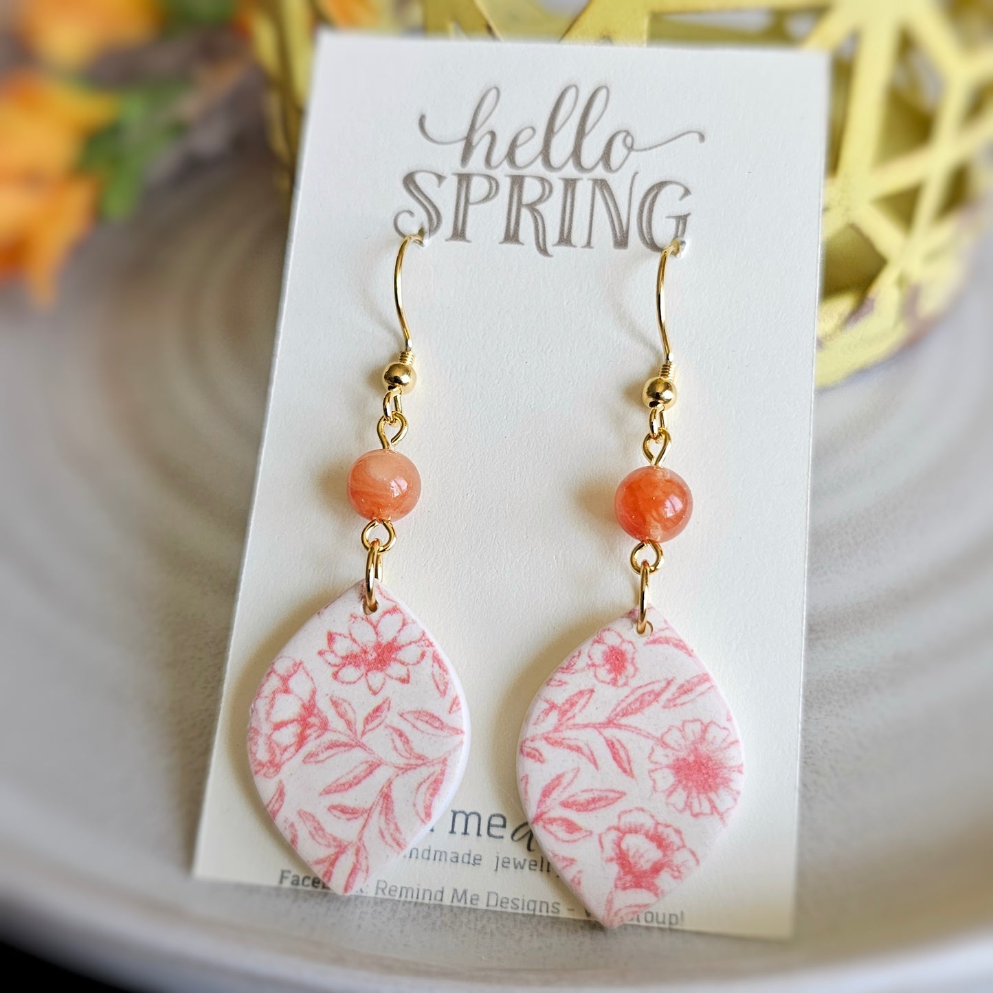 Cream and Coral Floral Polymer Clay Dangle Earrings