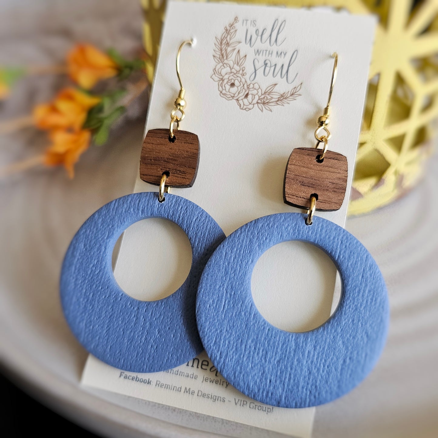 Walnut and Dusty Blue Clay Dangle Earrings