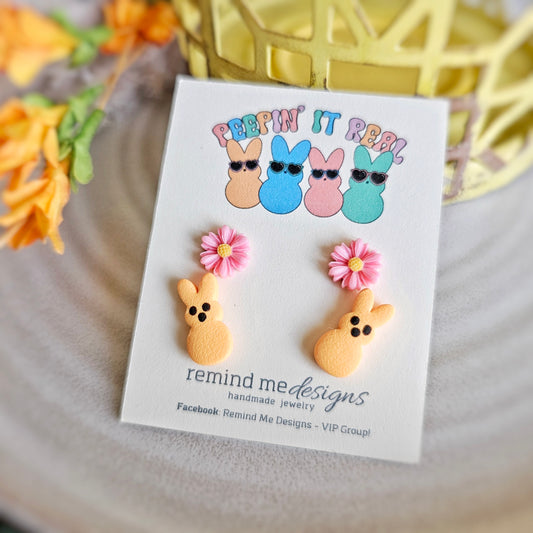 Pink Flower and Bright Orange Peeps Stud Earrings Set