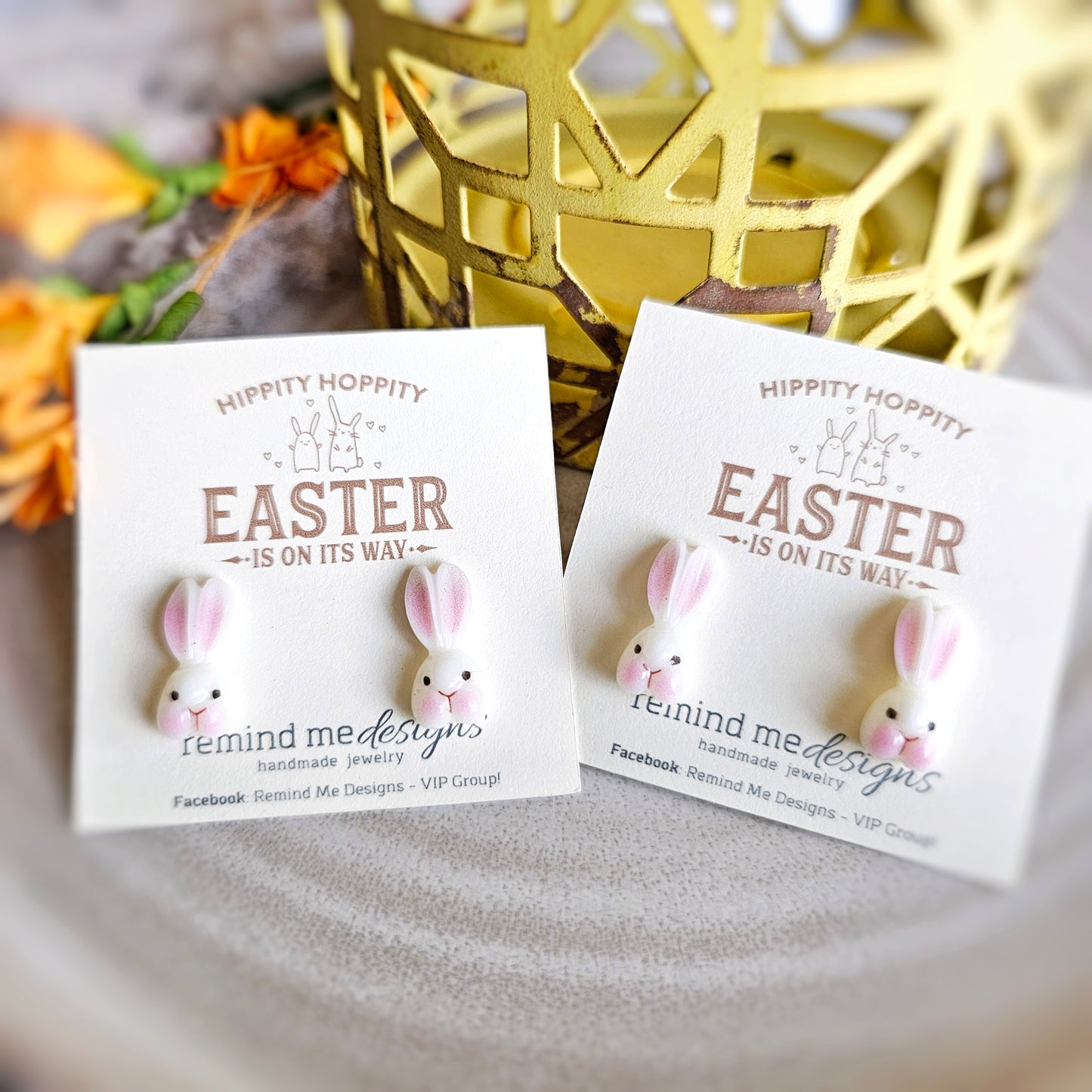 White Pink Resin Bunny Polymer Clay Stud Earrings