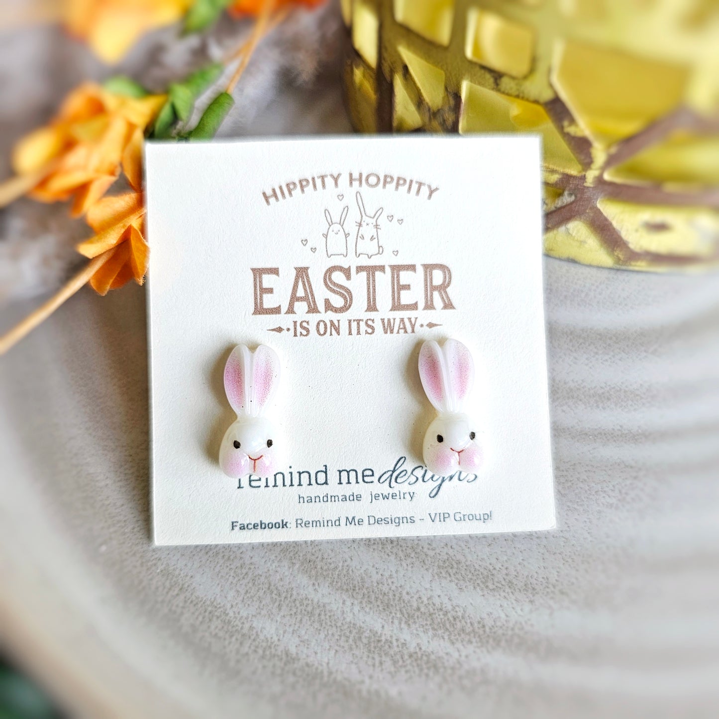 White Pink Resin Bunny Polymer Clay Stud Earrings