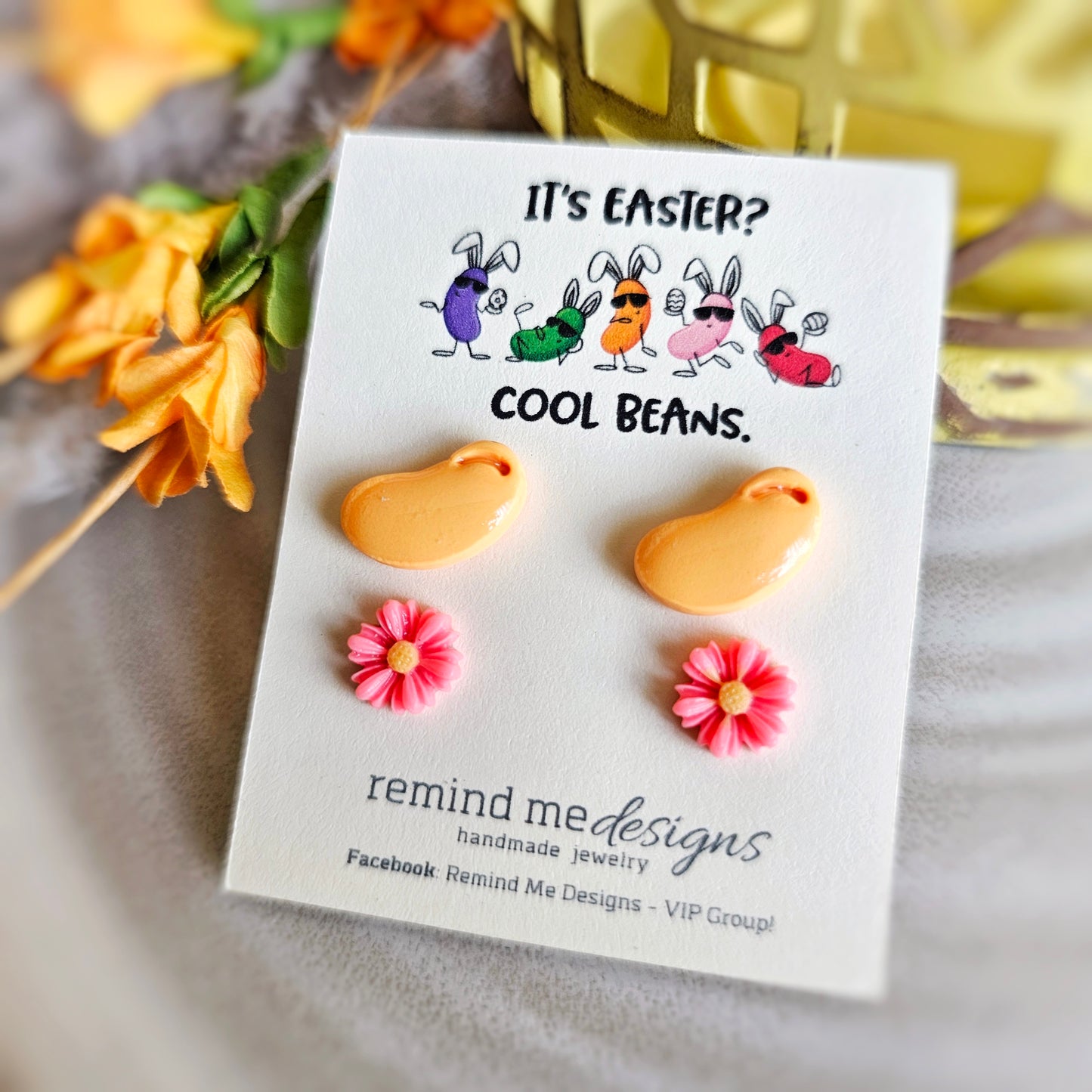 Pink Daisy Flowers and Bright Orange Jellybeans Clay Stud Earrings Set