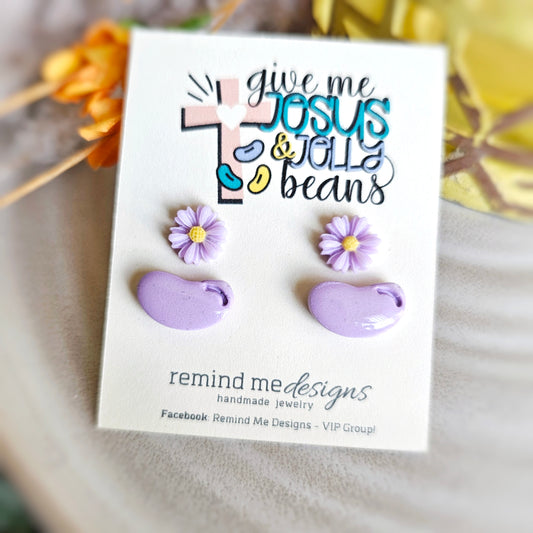 Purple Daisy Flowers and Jellybeans Clay Stud Earrings Set