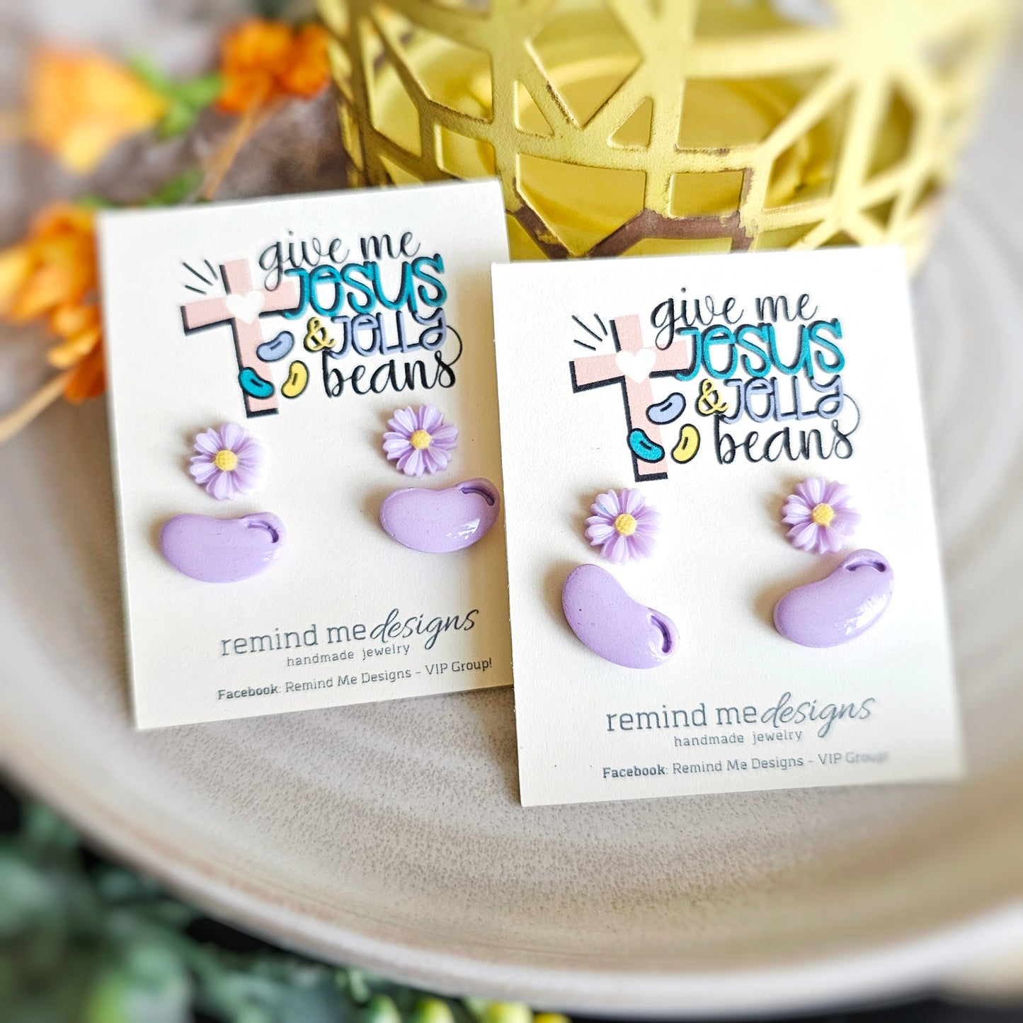 Purple Daisy Flowers and Jellybeans Clay Stud Earrings Set