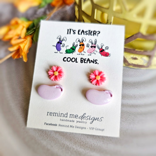 Pink Daisy Flowers and Light Pink Jellybeans Clay Stud Earrings Set