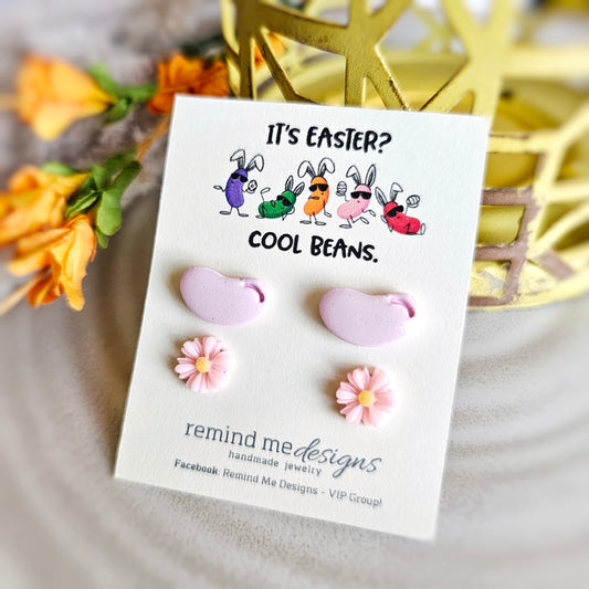 Pink Daisy Flowers and Light Pink Jellybeans Clay Stud Earrings Set