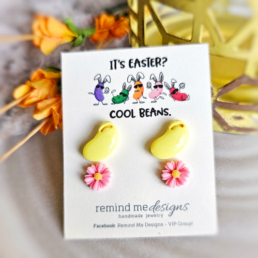 Pink Daisy Flower and Yellow Jellybeans Clay Stud Earrings Set