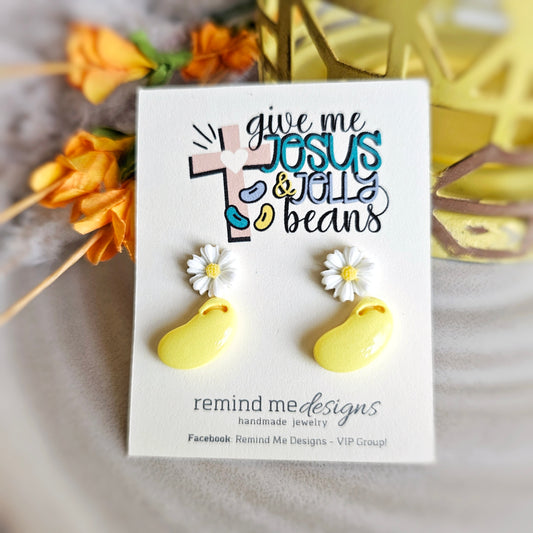 Daisy Flower and Yellow Jellybeans Clay Stud Earrings Set