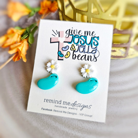 Daisy Flowers and Turquoise Jellybeans Clay Stud Earrings Set