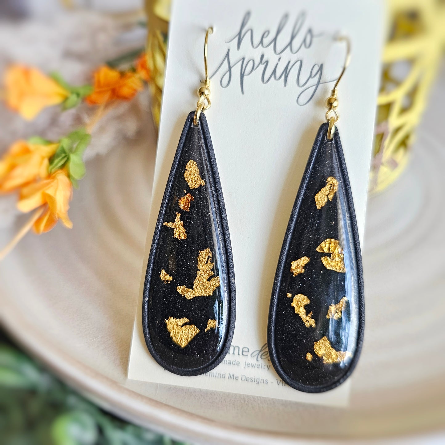 Black and Gold Polymer Clay Dangle Earrings